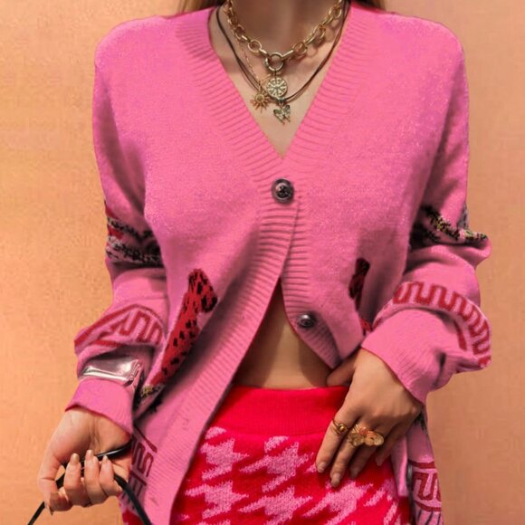 Pink Casual Women's Starfish Hat & Leopard Jacquard Cardigan - Picture 2 of 6